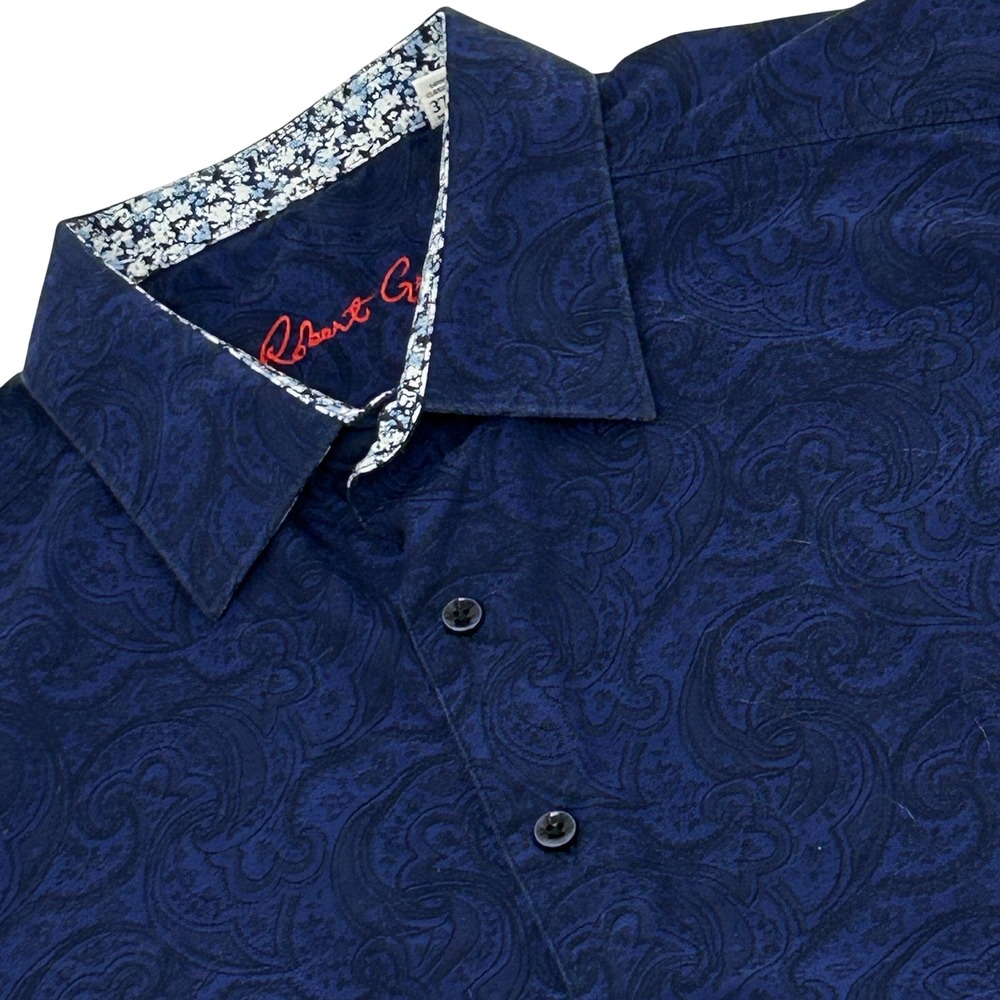 Robert Graham Shirt Mens 3XL Navy Blue Paisley Jacquard Short Sleeve Button Up